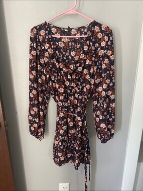 ALYA (Francesca’s)- Floral Wrap Dress Romper in Navy with Rust & Cream Flowers